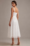 A-Line White Square Neck Floral Midi Engagement Dress