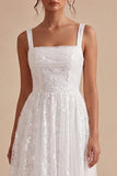 A-Line White Square Neck Floral Midi Engagement Dress