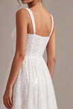 A-Line White Square Neck Floral Midi Engagement Dress