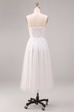 A-Line White Square Neck Floral Midi Engagement Dress