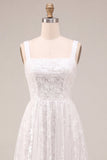 A-Line White Square Neck Floral Midi Engagement Dress