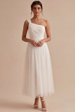 One Shoulder A-Line White Midi Engagement Dress