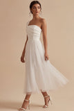 One Shoulder A-Line White Midi Engagement Dress