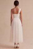 One Shoulder A-Line White Midi Engagement Dress