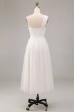 One Shoulder A-Line White Midi Engagement Dress