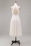 White Halter Neck A-Line Midi Engagement Dress with Lace