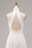 White Halter Neck A-Line Midi Engagement Dress with Lace