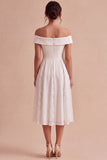 Off the Shoulder White A-Line Midi Engagement Dress with Lace