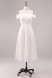 Off the Shoulder White A-Line Midi Engagement Dress with Lace