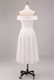 Off the Shoulder White A-Line Midi Engagement Dress with Lace