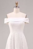 Off the Shoulder White A-Line Midi Engagement Dress with Lace