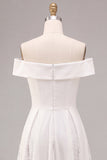 Off the Shoulder White A-Line Midi Engagement Dress with Lace