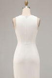 White Mermaid Round Neck Satin Long Engagement Dress with Slit