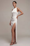 White Mermaid Round Neck Satin Long Engagement Dress with Slit
