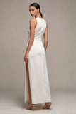White Mermaid Round Neck Satin Long Engagement Dress with Slit