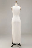 White Mermaid Round Neck Satin Long Engagement Dress with Slit