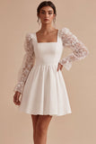 A-Line Square Neck Lace Little White Dress with Long Sleeves