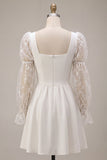 A-Line Square Neck Lace Little White Dress with Long Sleeves