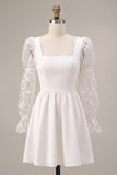 A-Line Square Neck Lace Little White Dress with Long Sleeves