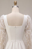 A-Line Square Neck Lace Little White Dress with Long Sleeves