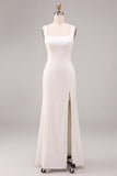 Mermaid White Square Neck Long Engagement Dress with Slit