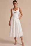 A-Line White Floral Thick Straps Keyhole Midi Engagement Dress