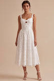 A-Line White Floral Thick Straps Keyhole Midi Engagement Dress
