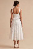A-Line White Floral Thick Straps Keyhole Midi Engagement Dress