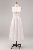 A-Line White Floral Thick Straps Keyhole Midi Engagement Dress