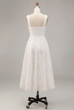 A-Line White Floral Thick Straps Keyhole Midi Engagement Dress