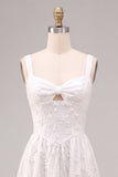 A-Line White Floral Thick Straps Keyhole Midi Engagement Dress