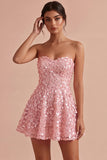 Pink A-Line Sweetheart 3D Flower Short Homecoming Dress with Ruffles