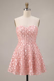 Pink A-Line Sweetheart 3D Flower Short Homecoming Dress with Ruffles