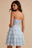 Blue Strapless A-Line Tiered Ruffled Floral Short Homecoming Dress
