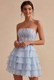 Blue Strapless A-Line Tiered Ruffled Floral Short Homecoming Dress