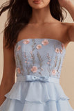 Blue Strapless A-Line Tiered Ruffled Floral Short Homecoming Dress