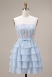 Blue Strapless A-Line Tiered Ruffled Floral Short Homecoming Dress
