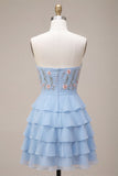 Blue Strapless A-Line Tiered Ruffled Floral Short Homecoming Dress