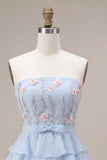 Blue Strapless A-Line Tiered Ruffled Floral Short Homecoming Dress