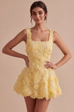 A-Line Square Neck Pearls Floral Short Yellow Homecoming Dress with Beading