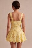 A-Line Square Neck Pearls Floral Short Yellow Homecoming Dress with Beading