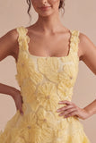 A-Line Square Neck Pearls Floral Short Yellow Homecoming Dress with Beading