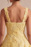 A-Line Square Neck Pearls Floral Short Yellow Homecoming Dress with Beading