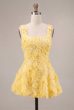 A-Line Square Neck Pearls Floral Short Yellow Homecoming Dress with Beading