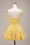 A-Line Square Neck Pearls Floral Short Yellow Homecoming Dress with Beading