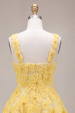 A-Line Square Neck Pearls Floral Short Yellow Homecoming Dress with Beading