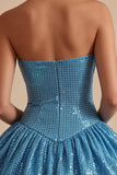 Sparkly Sweetheart Blue A-Line Sequins Short Bubble Hem Homecoming Dress
