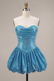 Sparkly Sweetheart Blue A-Line Sequins Short Bubble Hem Homecoming Dress