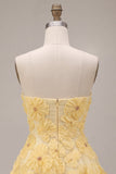 Yellow Sweetheart A-Line Beaded Pearls Floral Homecoming Dress with Ruffles