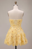 Yellow Sweetheart A-Line Beaded Pearls Floral Homecoming Dress with Ruffles